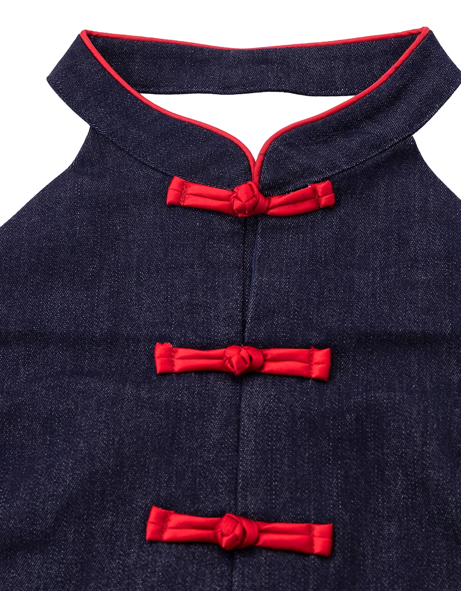 CNY Womens Qipao TOP Halter Contrast Red Trim Dark Blue Jeans Denim Cheongsam Chinese Knot ( Can Be Matched As Couple Look)