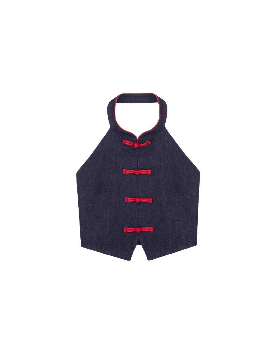 CNY Womens Qipao TOP Halter Contrast Red Trim Dark Blue Jeans Denim Cheongsam Chinese Knot ( Can Be Matched As Couple Look)
