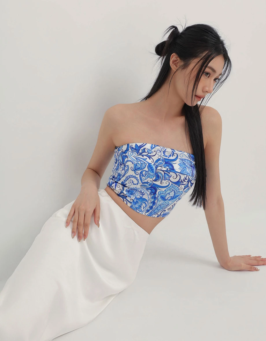 CNY CHEONGSAM QIPAO Womens TOP Porceline Style Floral Print Strapless Bra Padded Bandeau Top ( Removable Padding)
