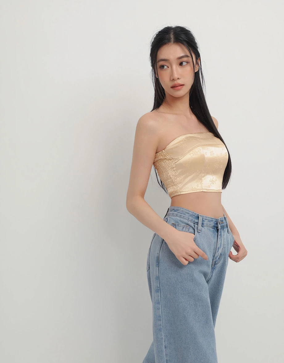CNY CHEONGSAM QIPAO Womens TOP Porceline Style Floral Print Strapless Bra Padded Bandeau Top ( Removable Padding)