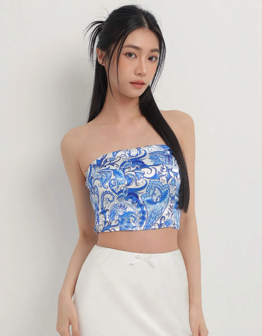 CNY CHEONGSAM QIPAO Womens TOP Porceline Style Floral Print Strapless Bra Padded Bandeau Top ( Removable Padding)