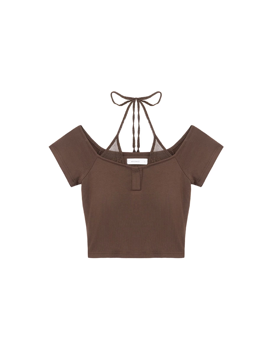 Halter Lace Trim Off Shoulder Crop Padded Bra Top Halter Lace Trim Off Shoulder Crop Padded Bra Top