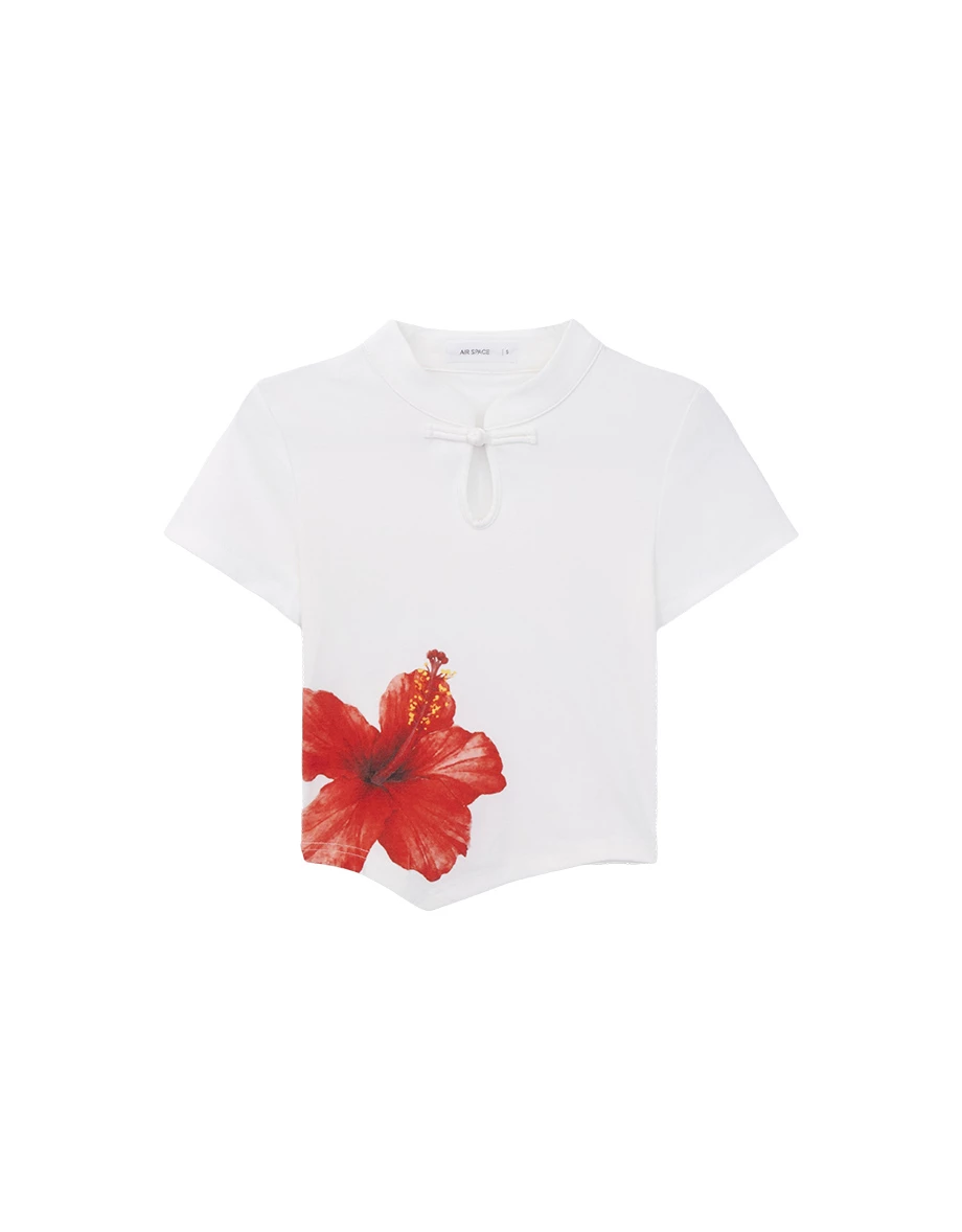 CNY Qipao TOP Hibiscus Print Cheongsam Inspired Asymmetric Hem Top