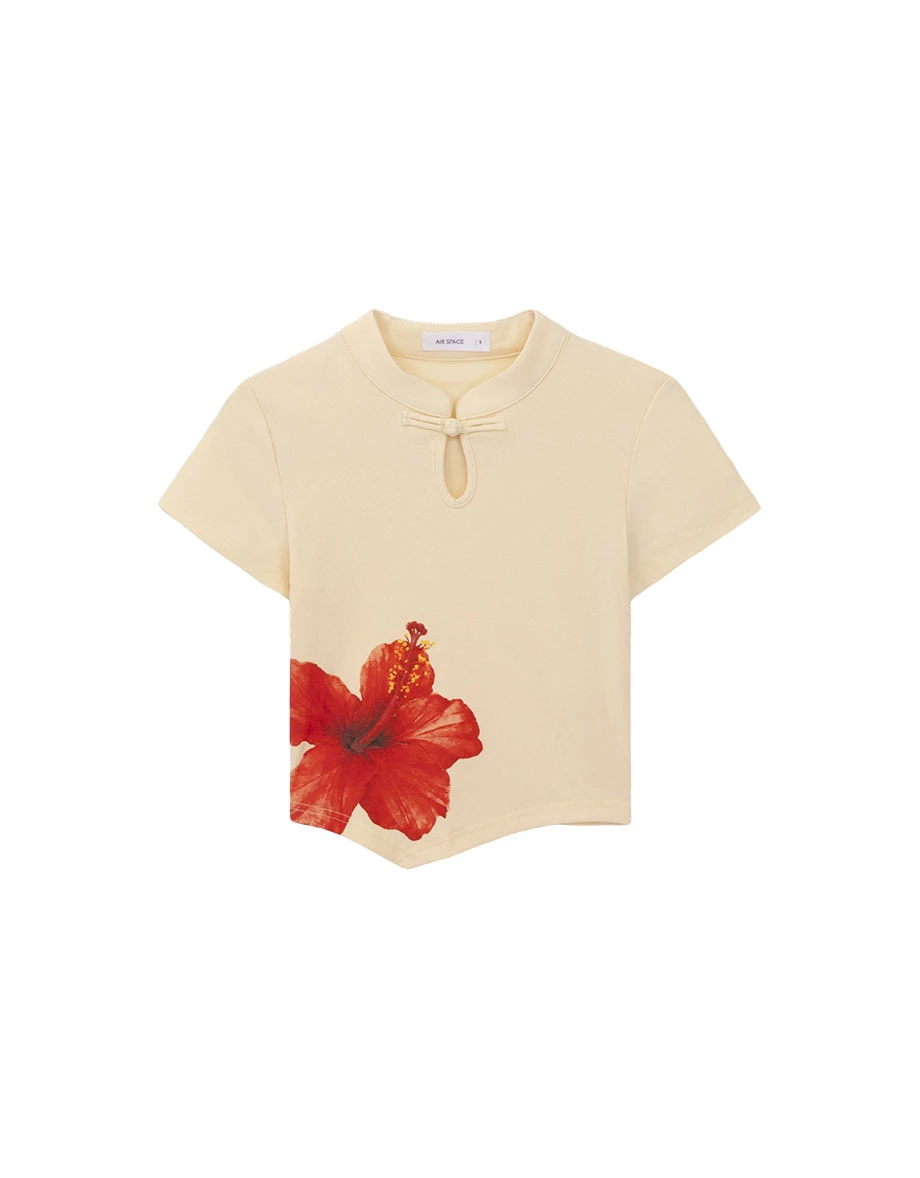 CNY Qipao TOP Hibiscus Print Cheongsam Inspired Asymmetric Hem Top