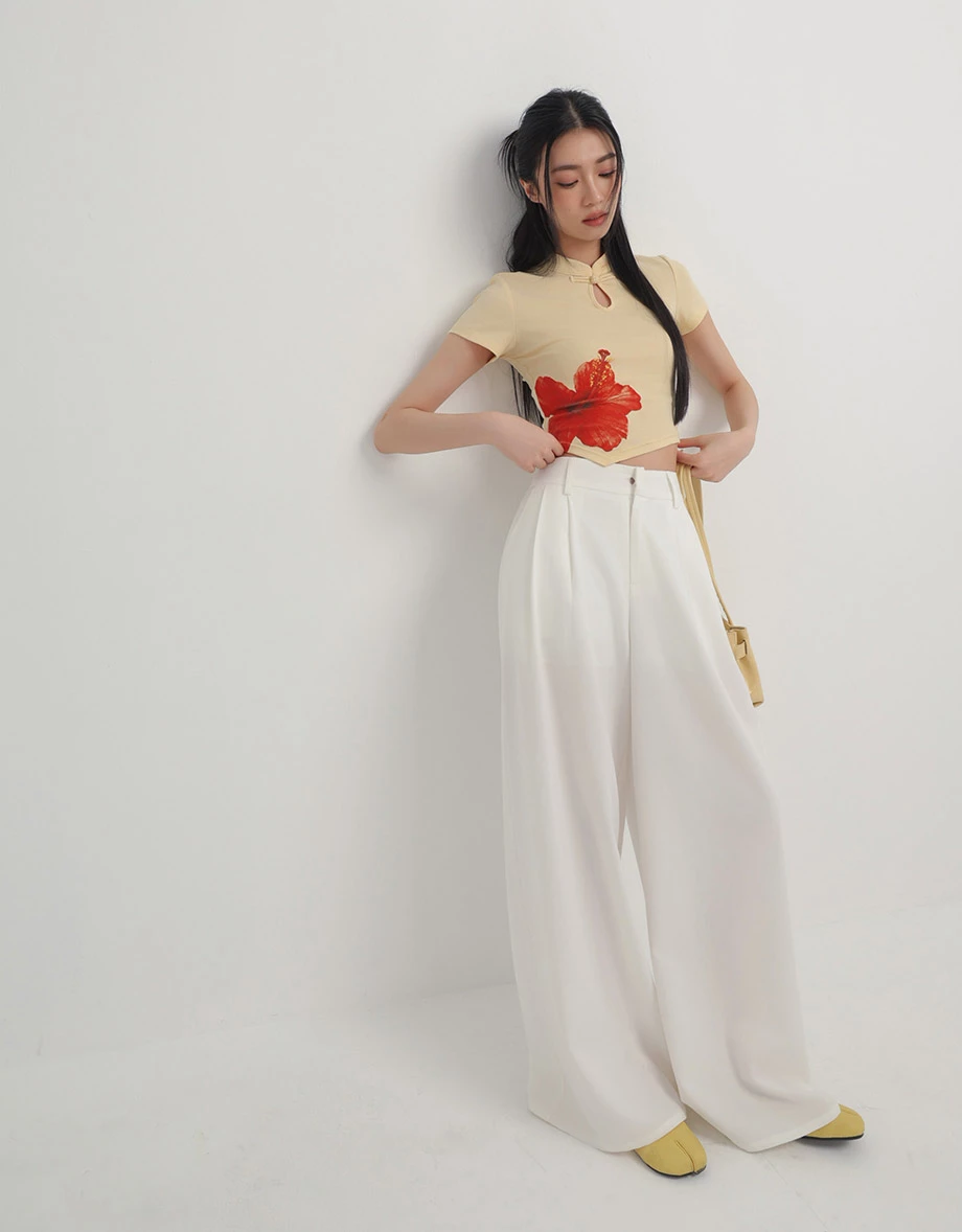 CNY Qipao TOP Hibiscus Print Cheongsam Inspired Asymmetric Hem Top