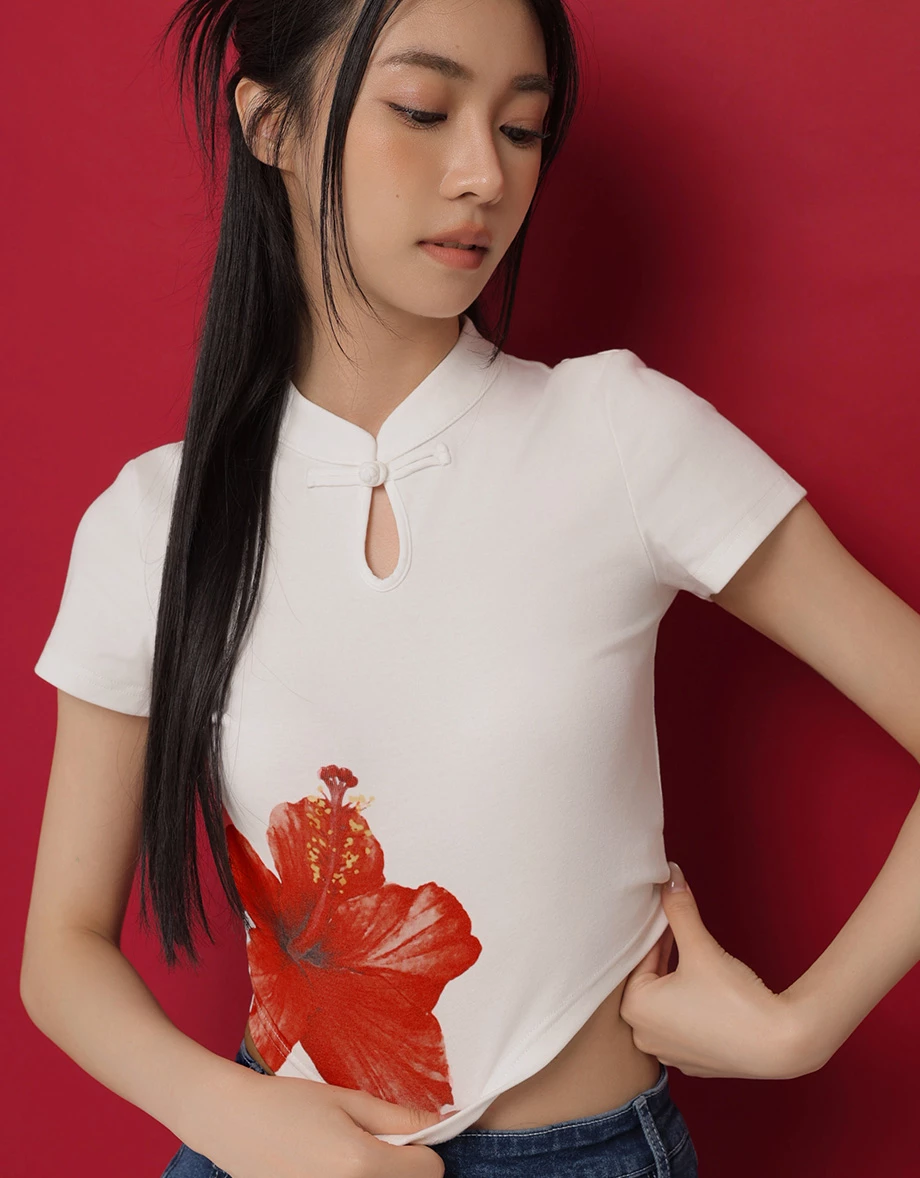 CNY Qipao TOP Hibiscus Print Cheongsam Inspired Asymmetric Hem Top
