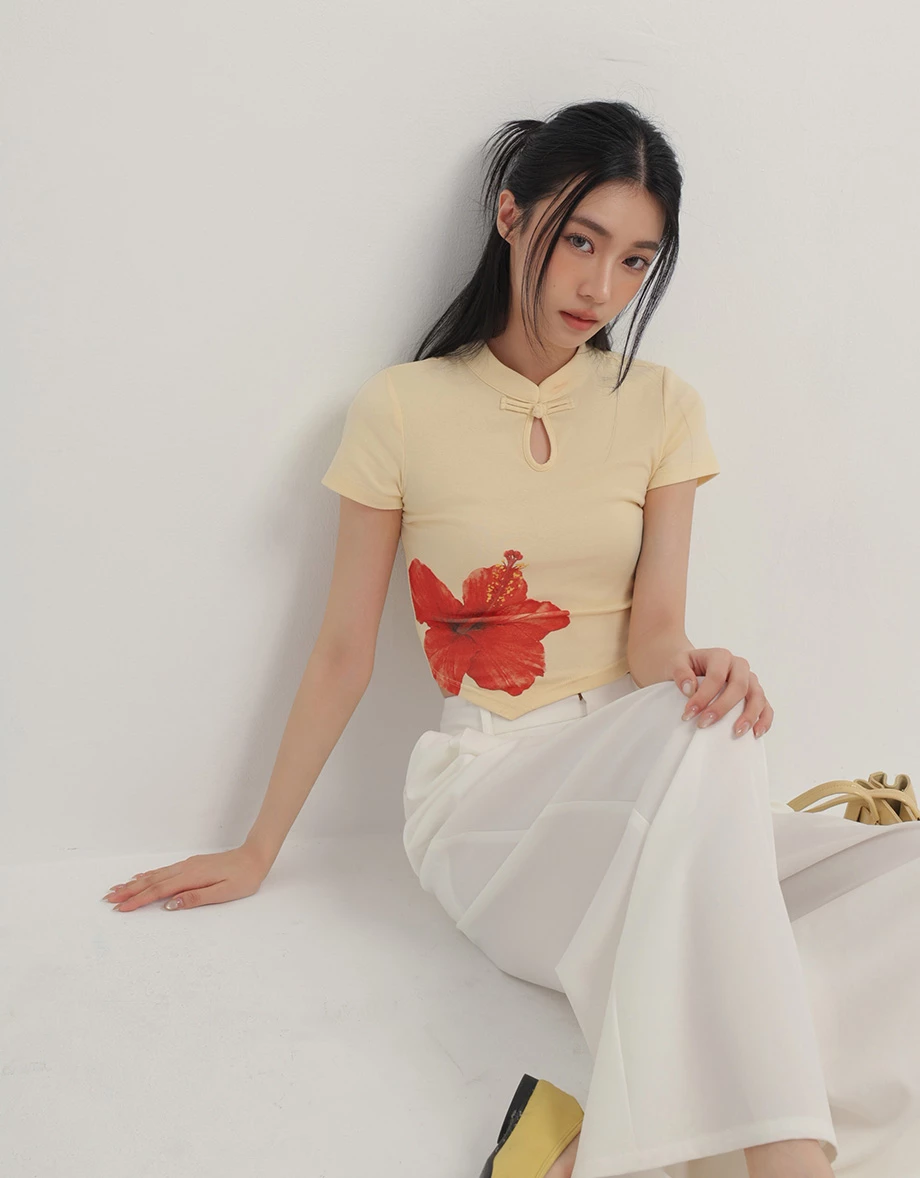CNY Qipao TOP Hibiscus Print Cheongsam Inspired Asymmetric Hem Top
