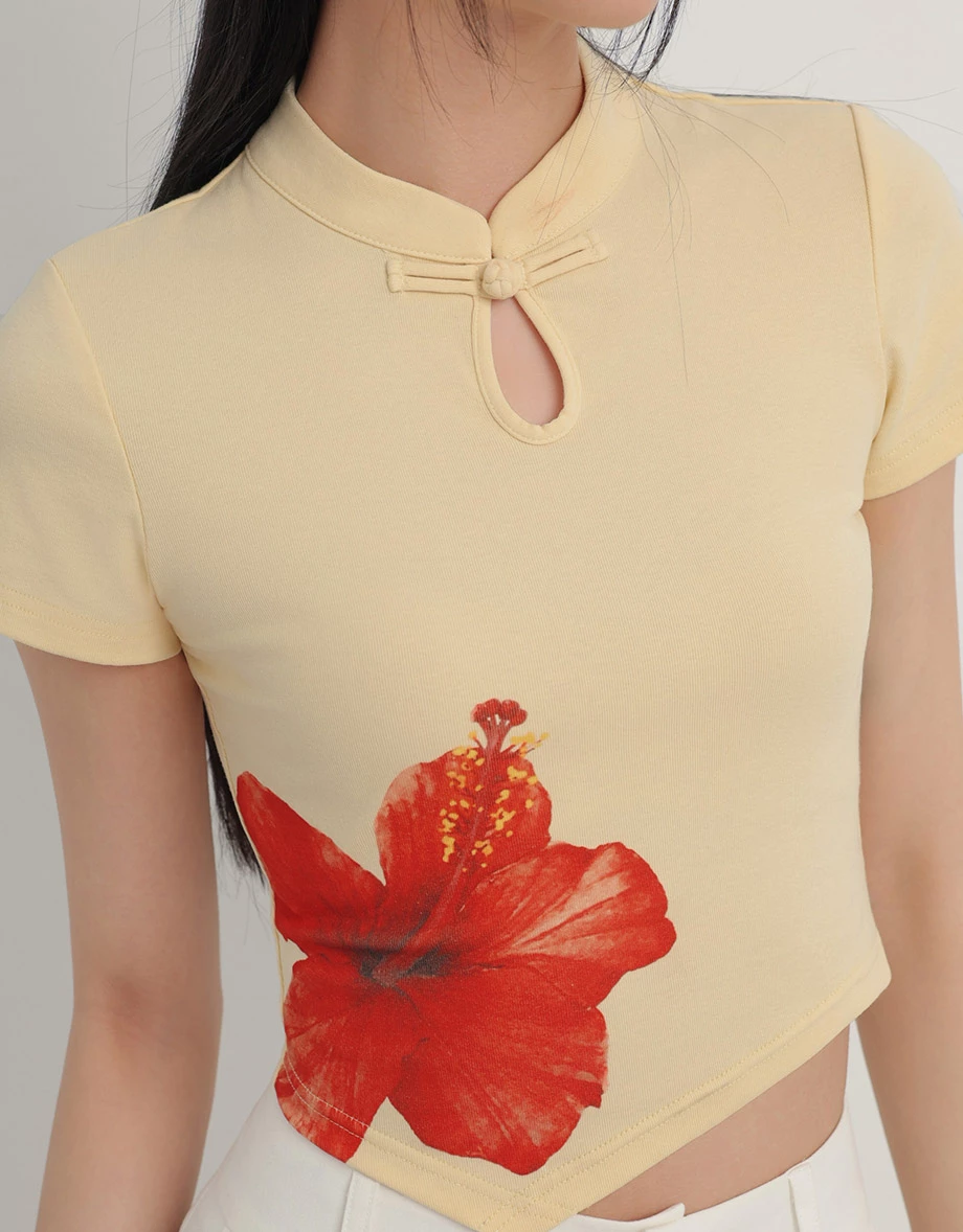 CNY Qipao TOP Hibiscus Print Cheongsam Inspired Asymmetric Hem Top