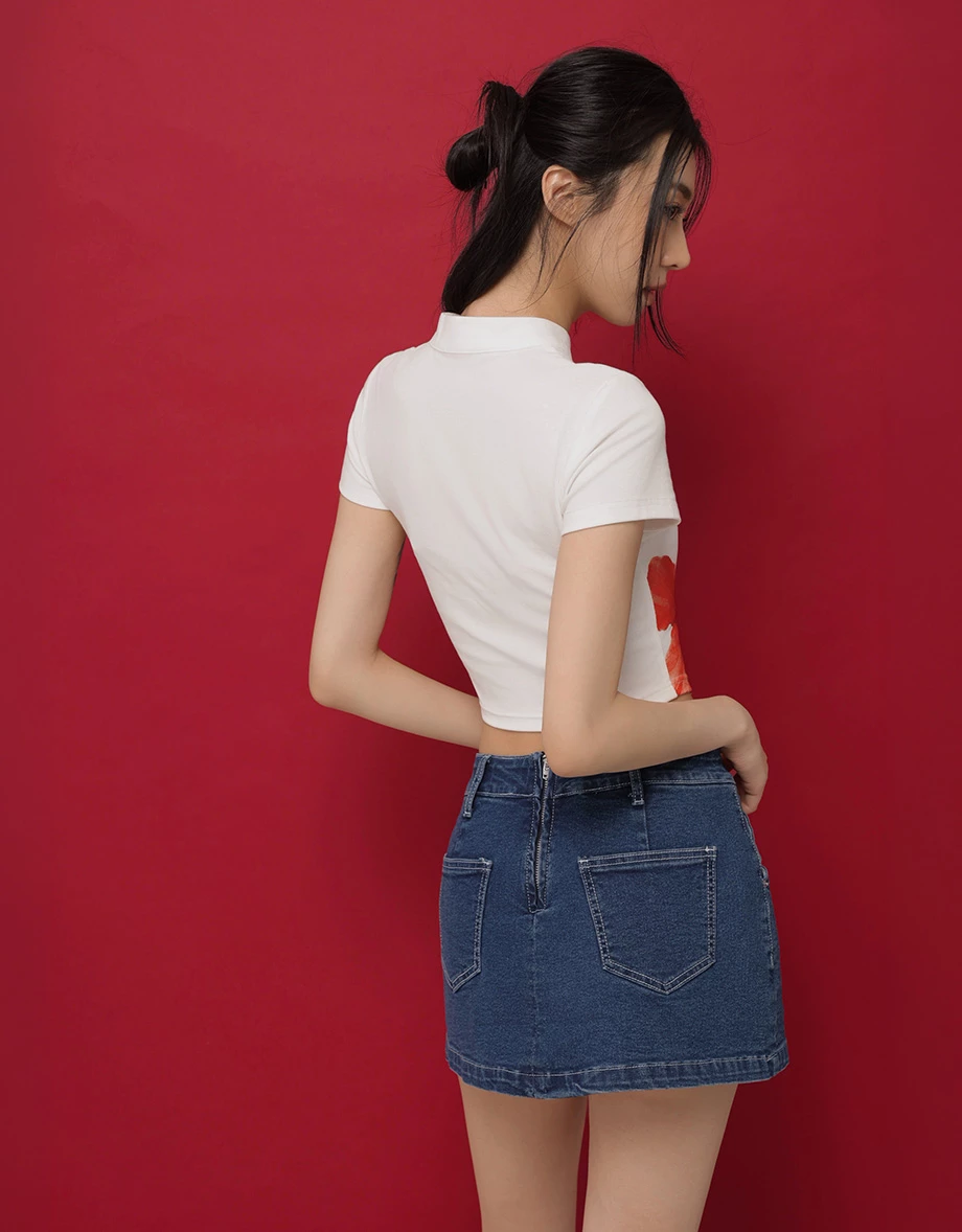 CNY Qipao TOP Hibiscus Print Cheongsam Inspired Asymmetric Hem Top
