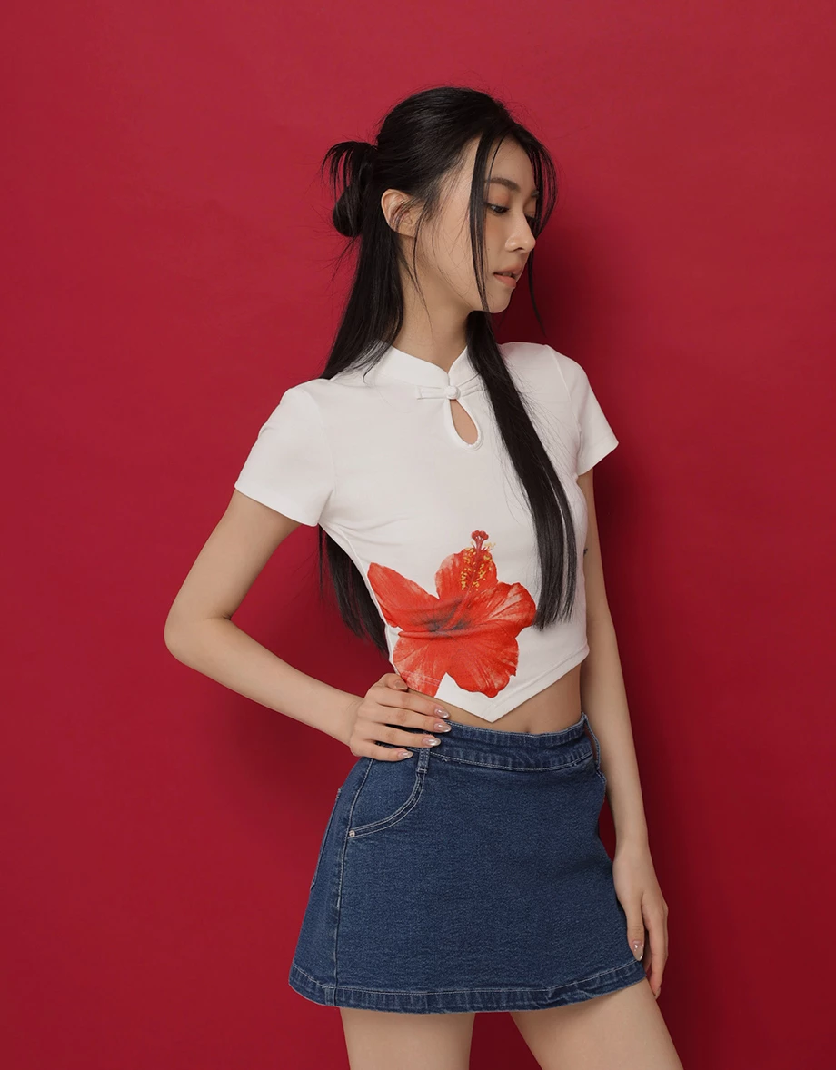 CNY Qipao TOP Hibiscus Print Cheongsam Inspired Asymmetric Hem Top