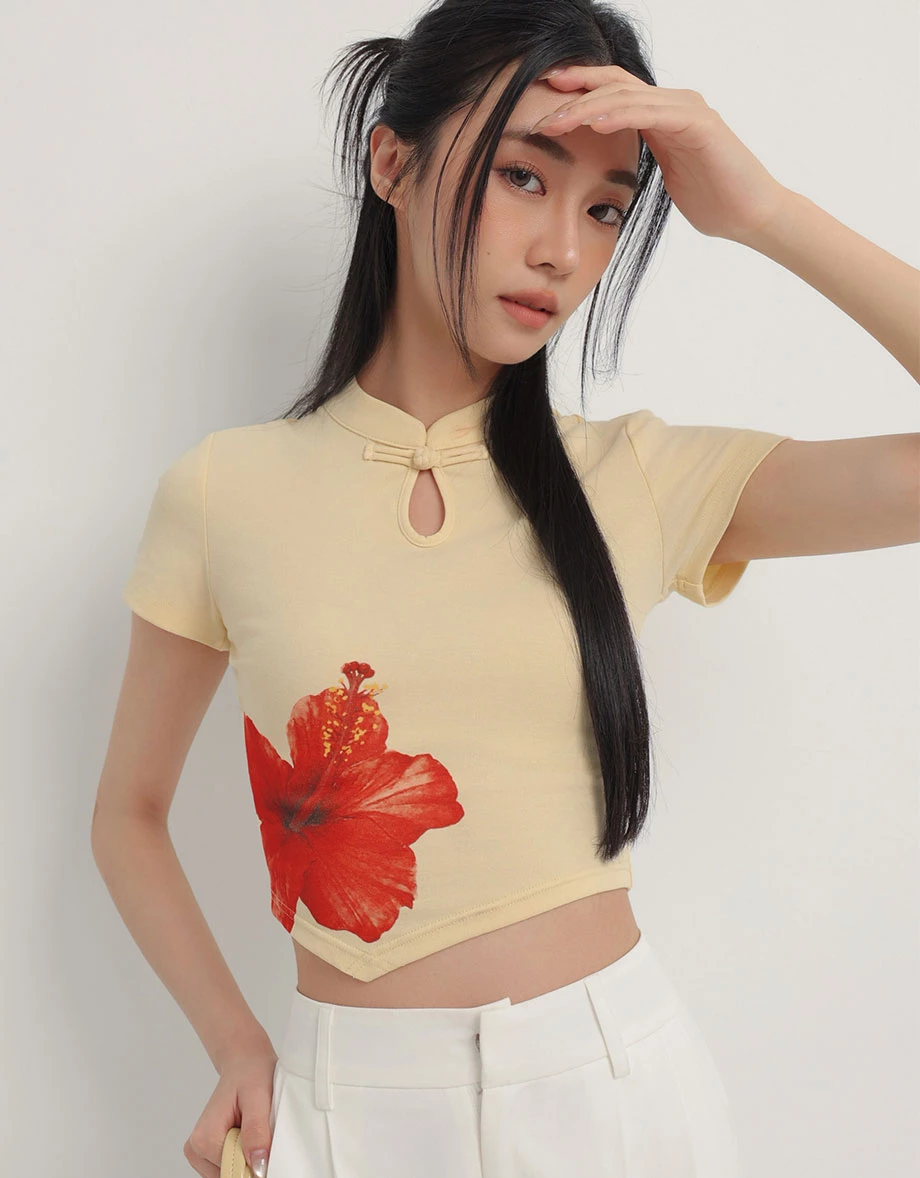CNY Qipao TOP Hibiscus Print Cheongsam Inspired Asymmetric Hem Top