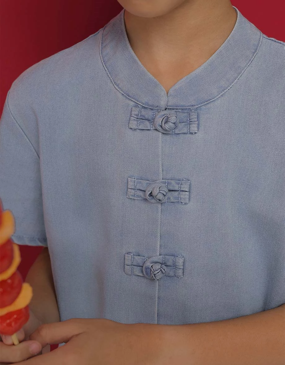 Denim Family CNY Boys Mandarin SHIRT Chinese Style TOP Jeans Short Sleeve (Kids Boys Matching Item for Cheongsam Qipao Collection ) Denim Family CNY Boys Mandarin SHIRT Chinese Style TOP Jeans Short Sleeve (Kids Boys Matching Item for Cheongsam Qipao Collection )