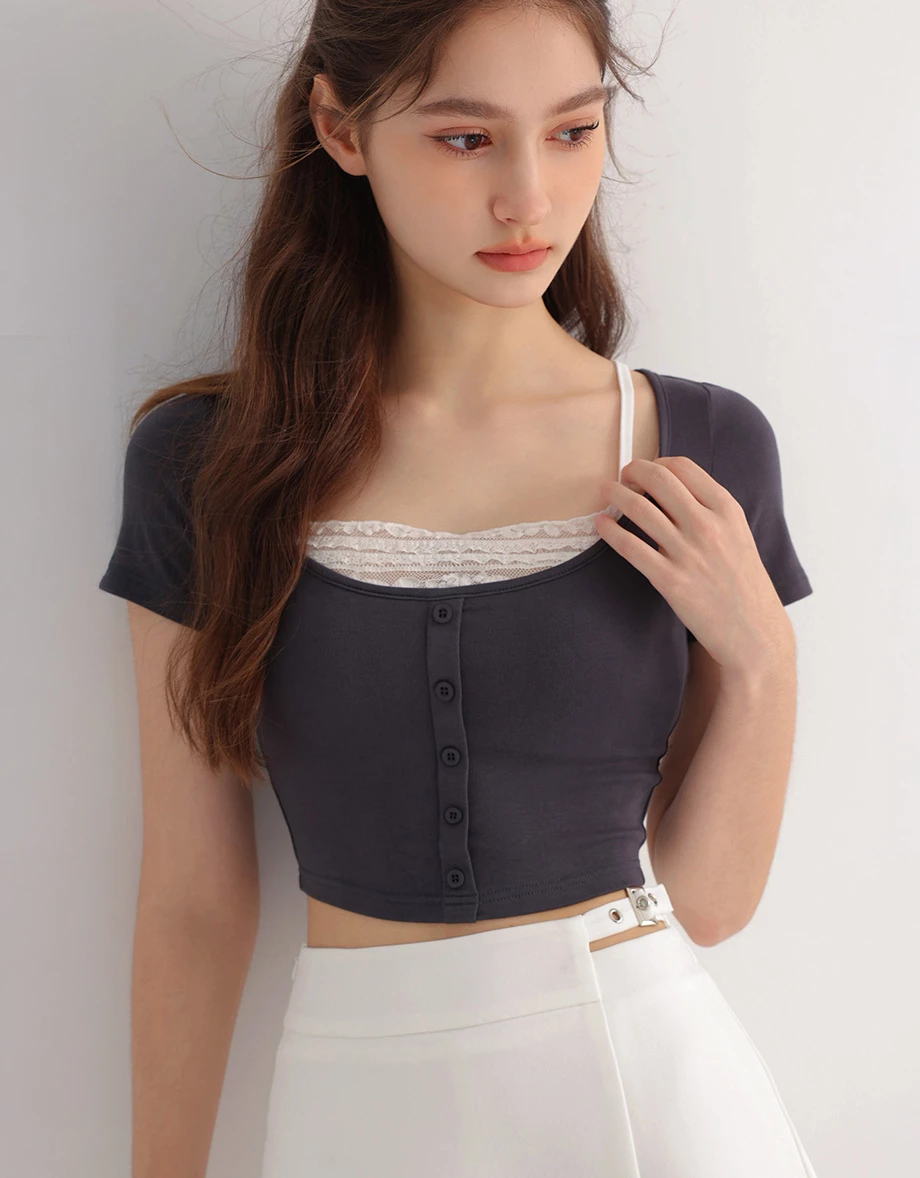 Layered Look Lace Trim Button Up Short Sleeve Crop Top Layered Look Lace Trim Button Up Short Sleeve Crop Top
