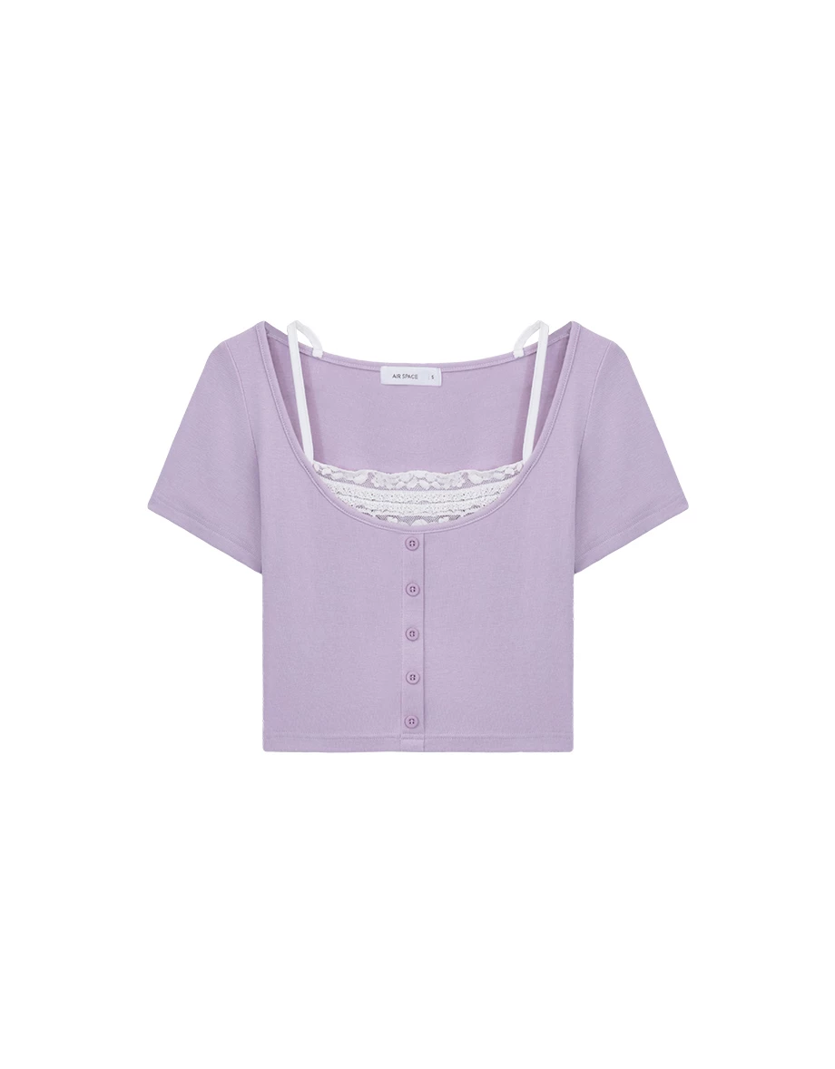 Layered Look Lace Trim Button Up Short Sleeve Crop Top Layered Look Lace Trim Button Up Short Sleeve Crop Top