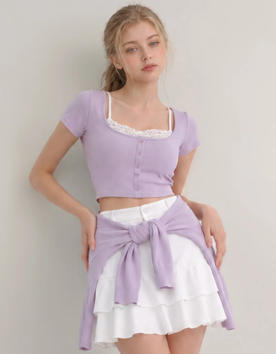 Layered Look Lace Trim Button Up Short Sleeve Crop Top Layered Look Lace Trim Button Up Short Sleeve Crop Top