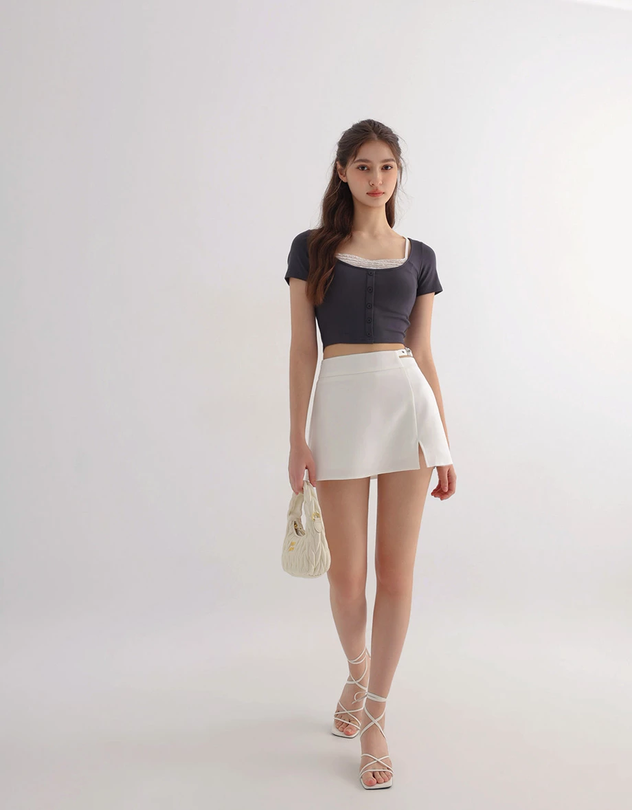 Layered Look Lace Trim Button Up Short Sleeve Crop Top Layered Look Lace Trim Button Up Short Sleeve Crop Top