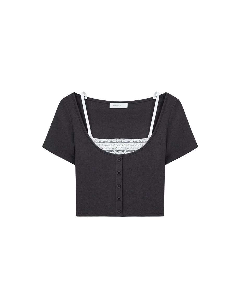 Layered Look Lace Trim Button Up Short Sleeve Crop Top