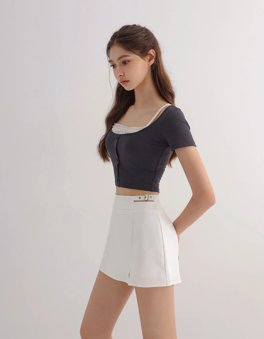 Layered Look Lace Trim Button Up Short Sleeve Crop Top