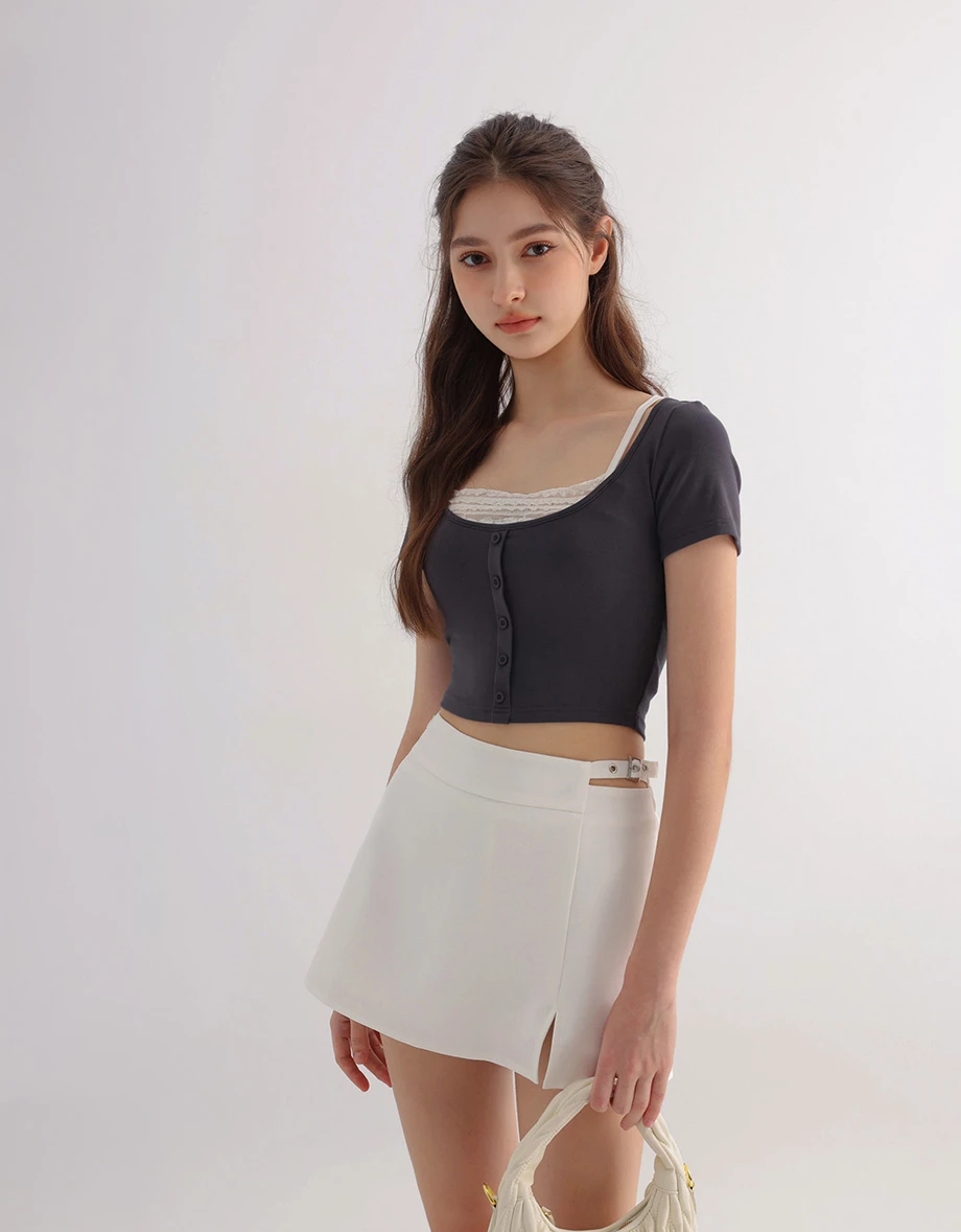 Layered Look Lace Trim Button Up Short Sleeve Crop Top Layered Look Lace Trim Button Up Short Sleeve Crop Top