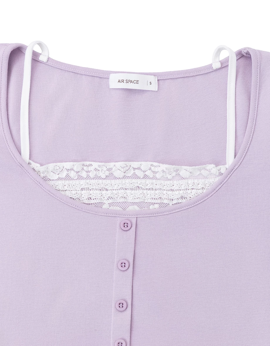 Layered Look Lace Trim Button Up Short Sleeve Crop Top Layered Look Lace Trim Button Up Short Sleeve Crop Top
