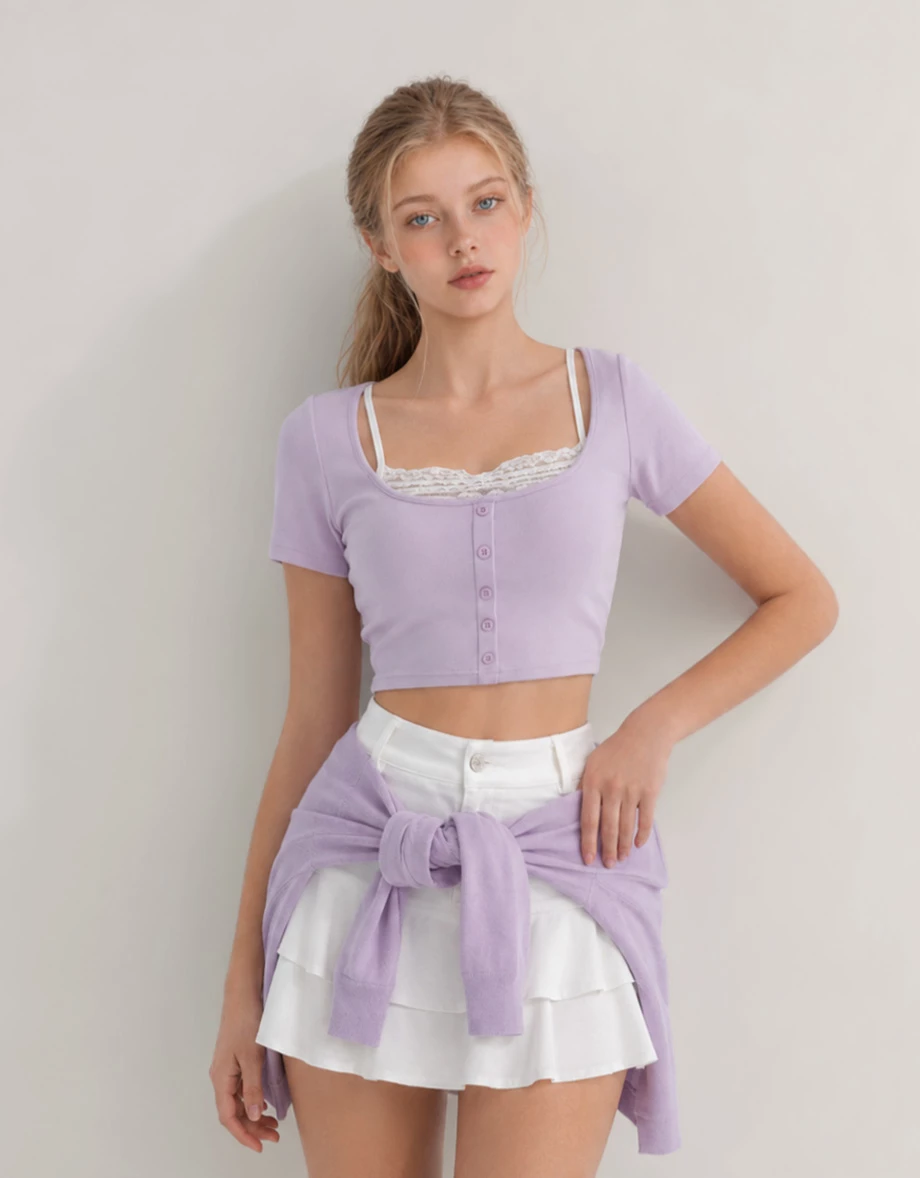 Layered Look Lace Trim Button Up Short Sleeve Crop Top Layered Look Lace Trim Button Up Short Sleeve Crop Top