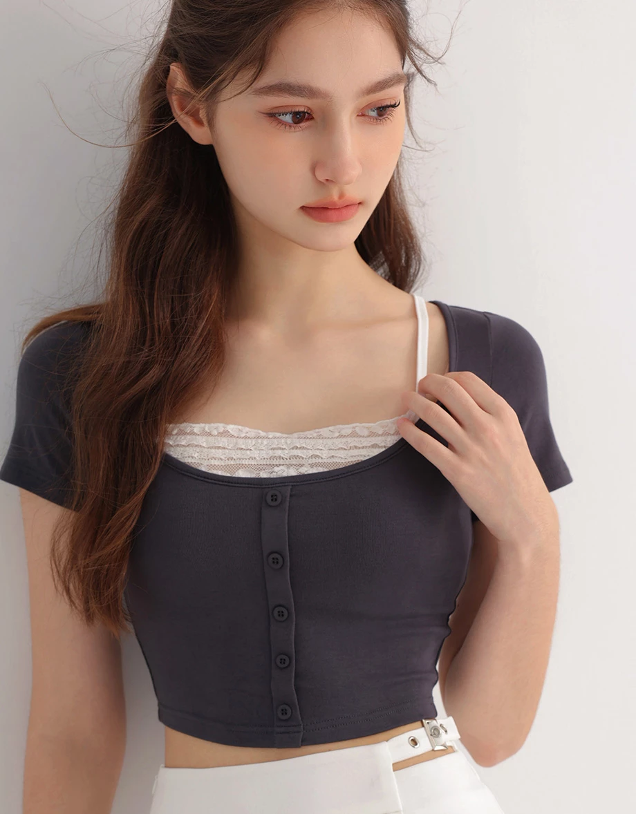 Layered Look Lace Trim Button Up Short Sleeve Crop Top