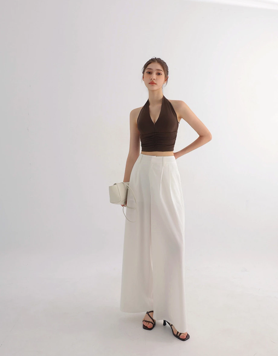 Ruched Halter V Neck Button Front Open Back Padded Bra Top Ruched Halter V Neck Button Front Open Back Padded Bra Top