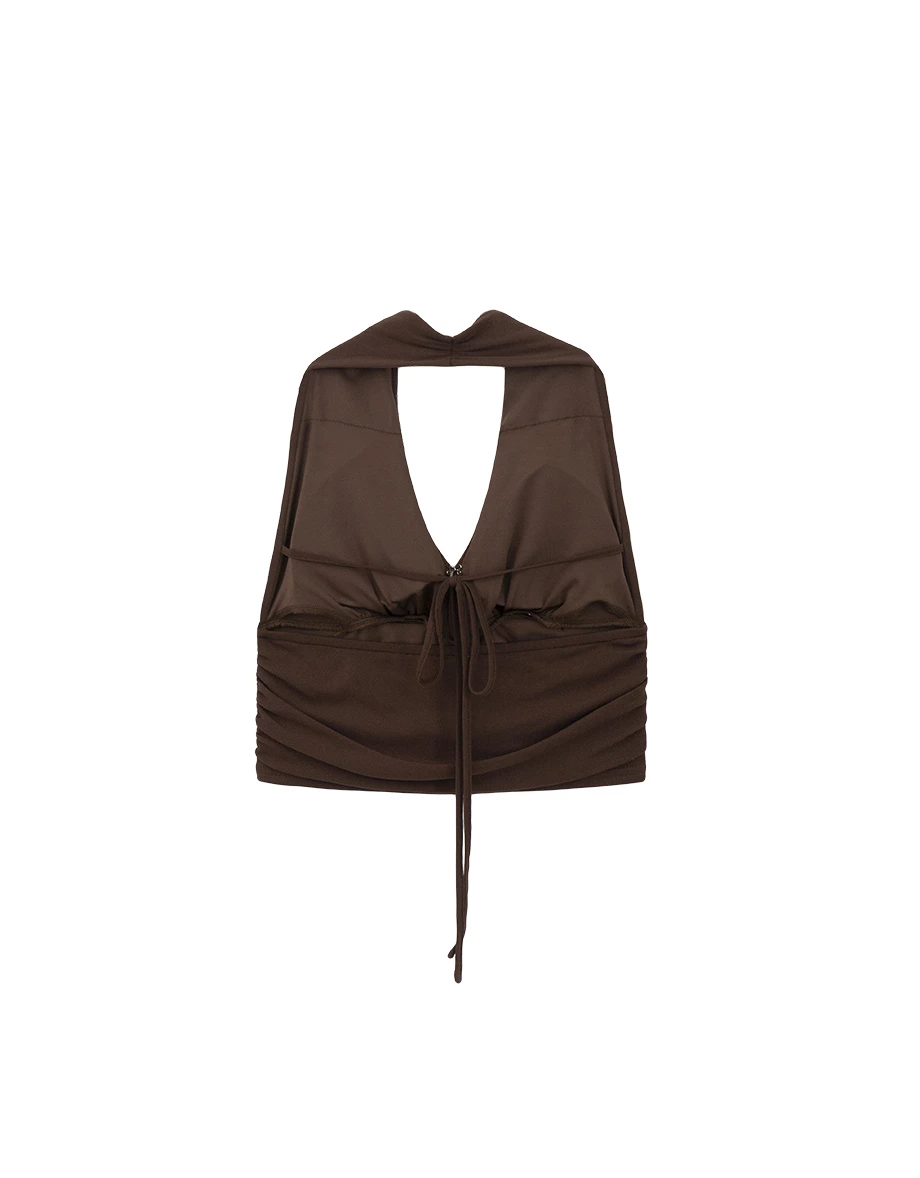 Ruched Halter V Neck Button Front Open Back Padded Bra Top Ruched Halter V Neck Button Front Open Back Padded Bra Top