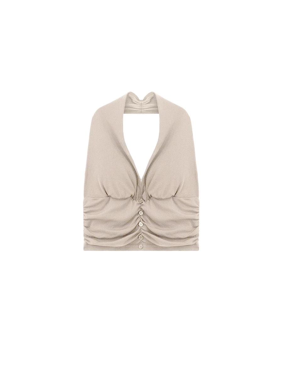 Ruched Halter V Neck Button Front Open Back Padded Bra Top Ruched Halter V Neck Button Front Open Back Padded Bra Top