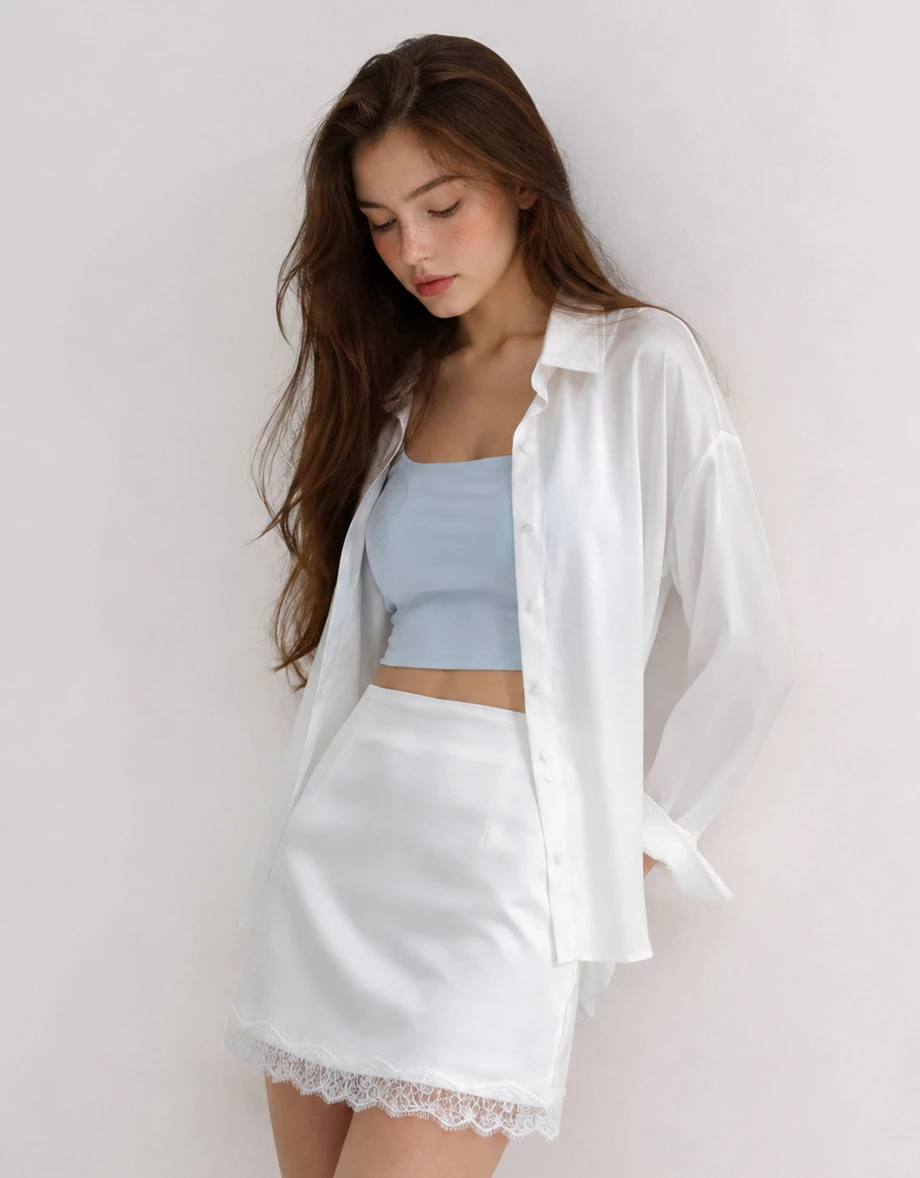 Sheer Lace Back Panel Oversized Collared Shirt Blouse