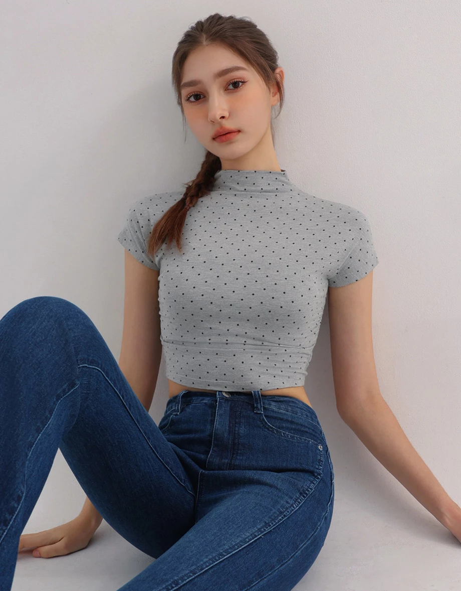 Polka Dot Mock Neck Side Ruched Crop Top Polka Dot Mock Neck Side Ruched Crop Top