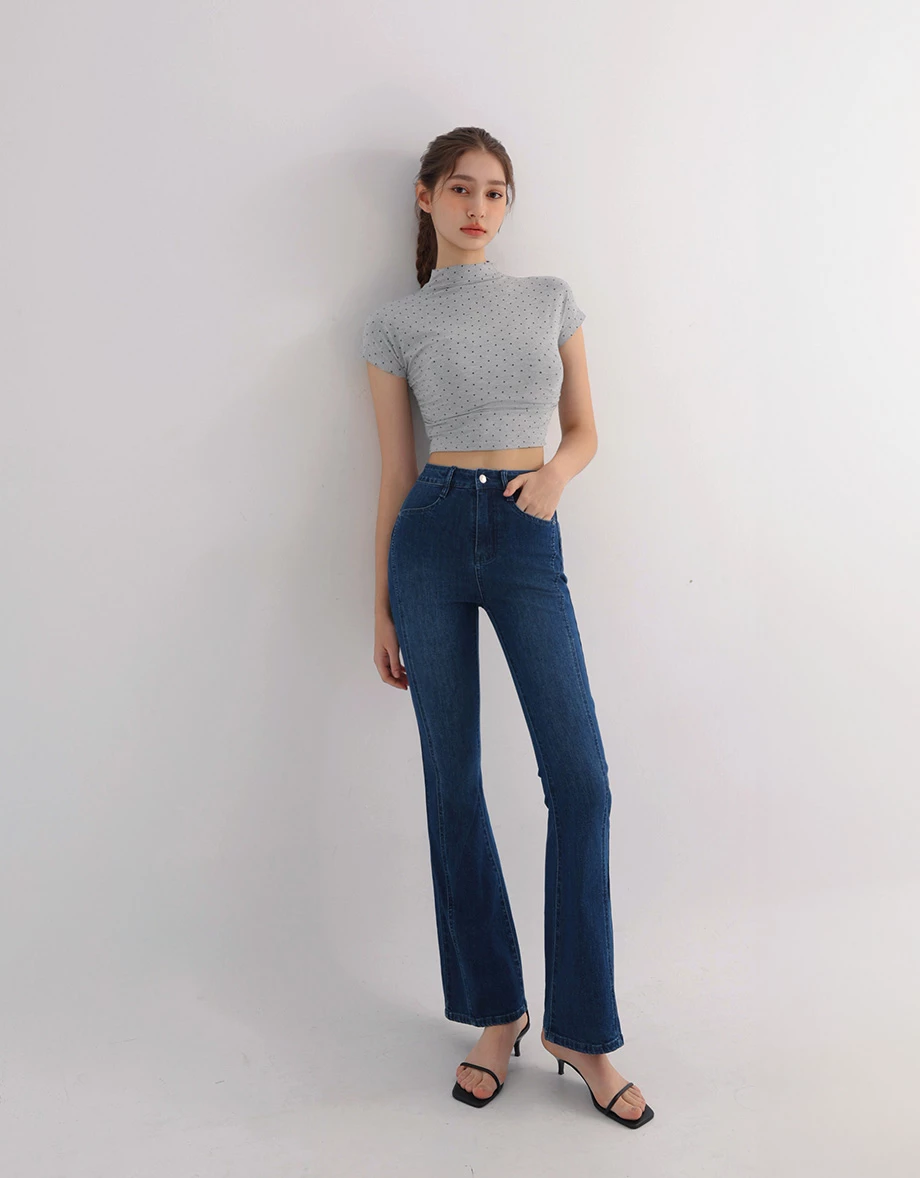 Polka Dot Mock Neck Side Ruched Crop Top Polka Dot Mock Neck Side Ruched Crop Top