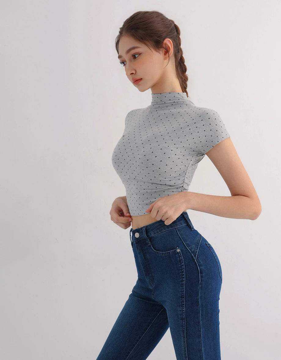 Polka Dot Mock Neck Side Ruched Crop Top Polka Dot Mock Neck Side Ruched Crop Top