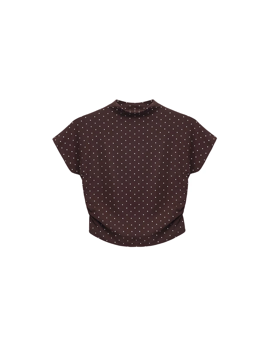 Polka Dot Mock Neck Side Ruched Crop Top