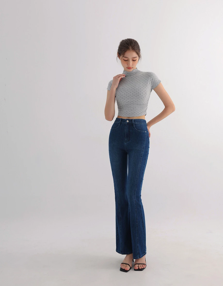 Polka Dot Mock Neck Side Ruched Crop Top Polka Dot Mock Neck Side Ruched Crop Top