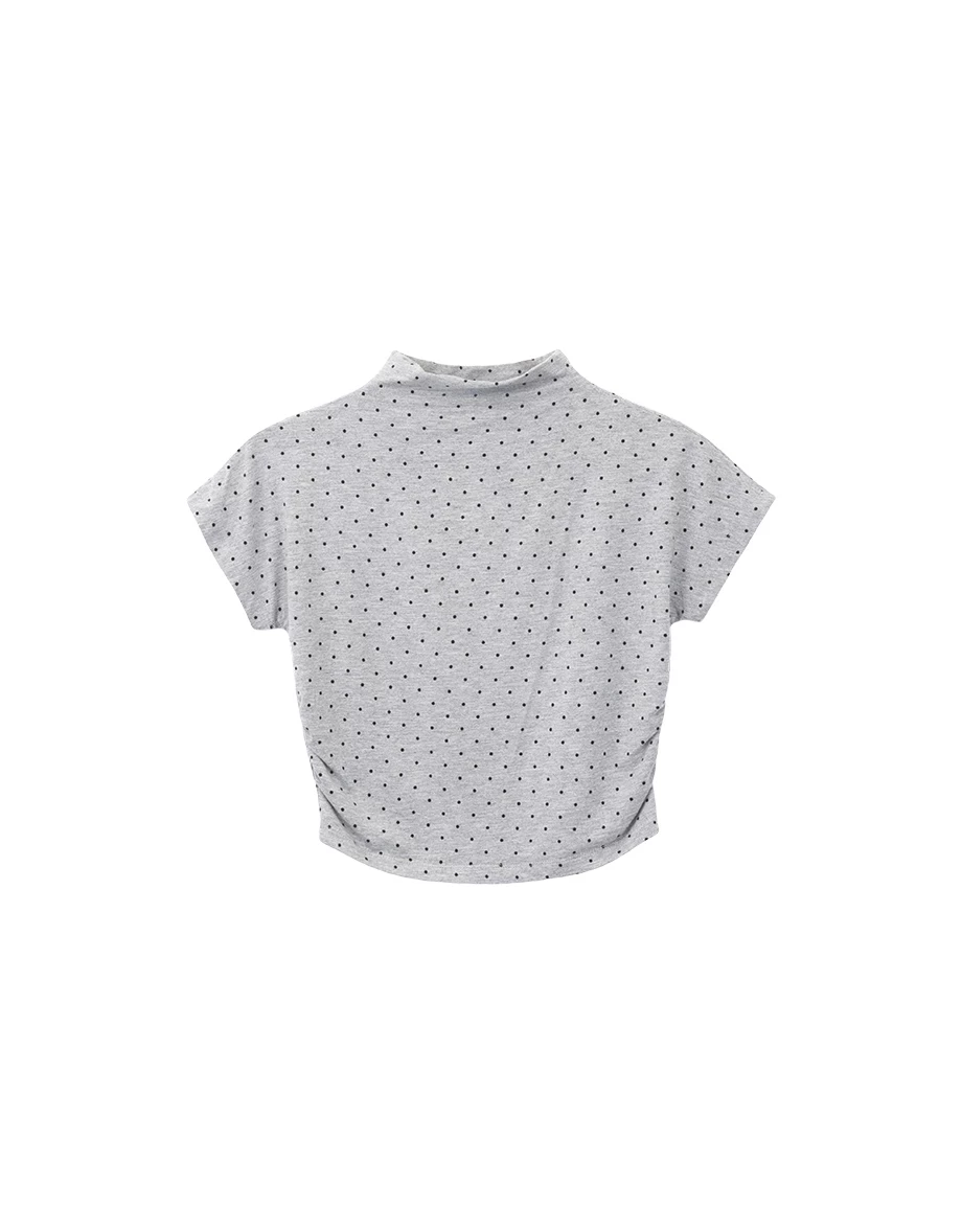 Polka Dot Mock Neck Side Ruched Crop Top