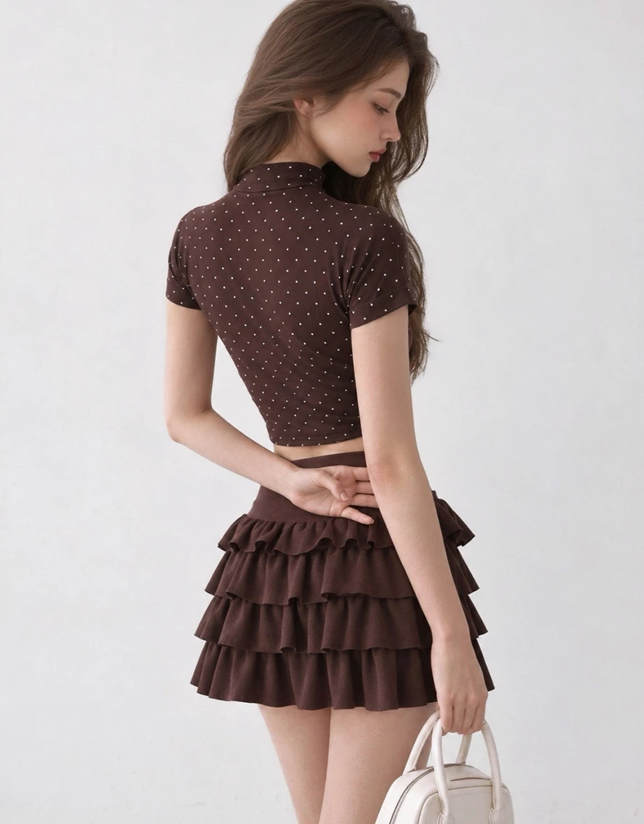 Polka Dot Mock Neck Side Ruched Crop Top
