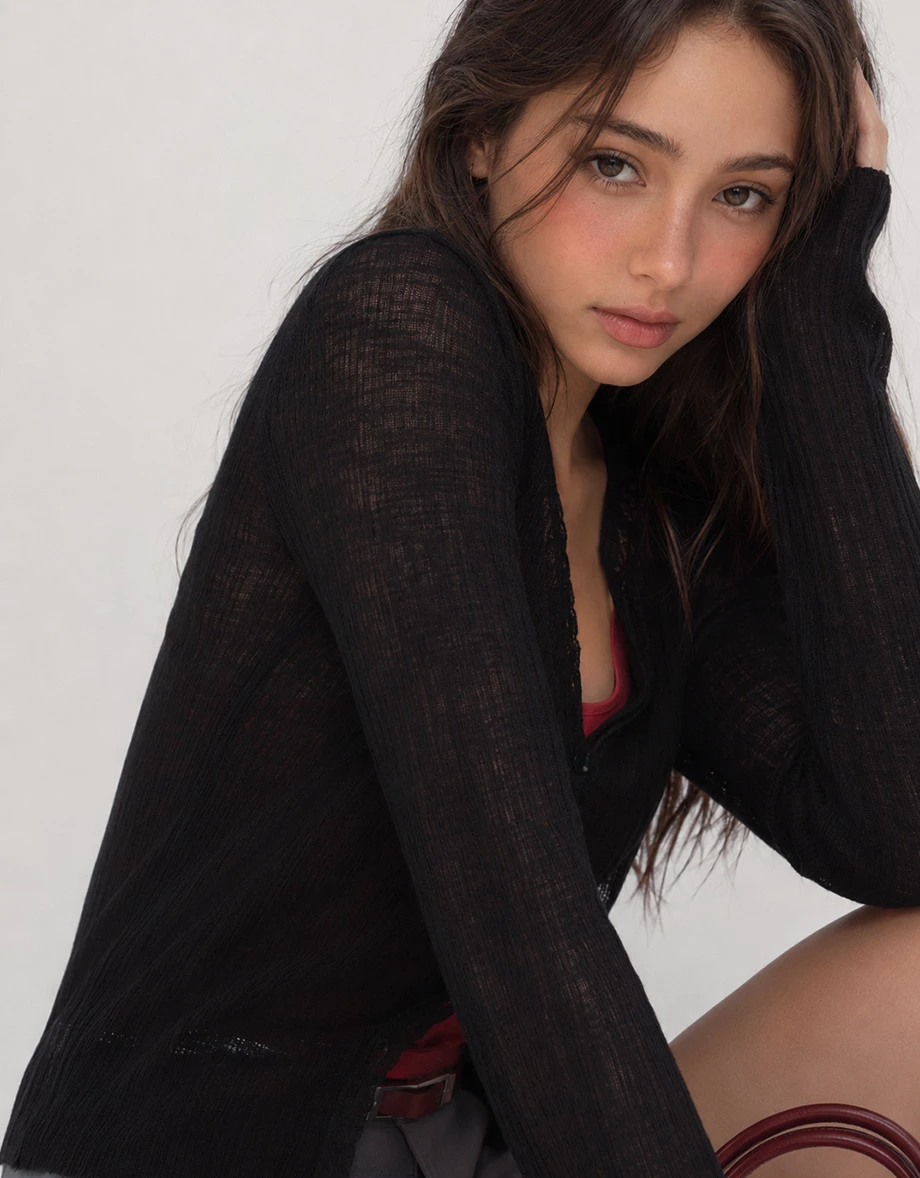 蕾絲滾邊V領長袖排扣開襟羅紋針織衫 蕾絲滾邊V領長袖排扣開襟羅紋針織衫