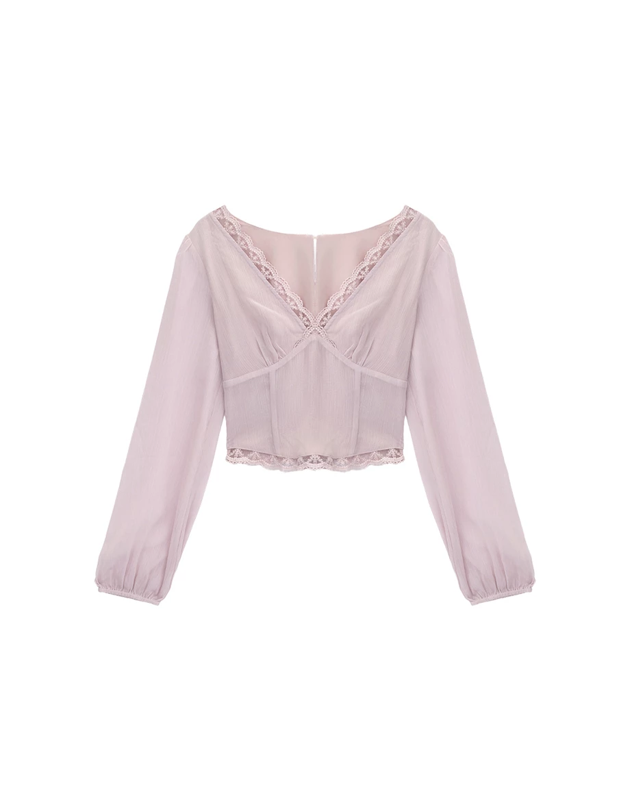 Lace Trim V Neck Corset Lace Up Back Long Sleeve Chiffon Top