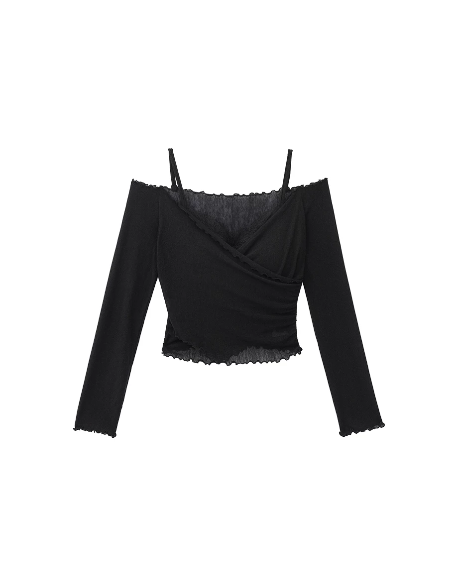 Lace Trim Off Shoulder Wrap Front Frill Edge Padded Bra Top