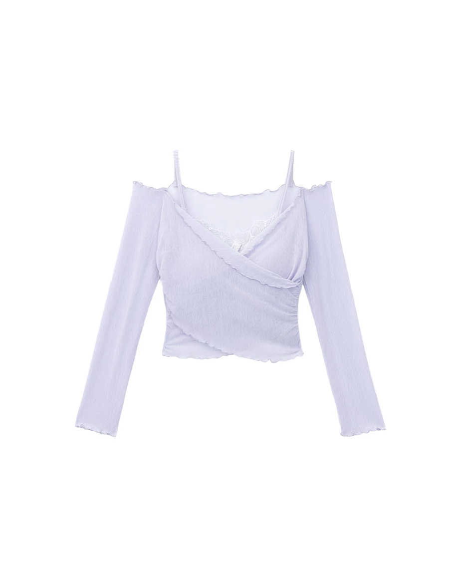 Lace Trim Off Shoulder Wrap Front Frill Edge Padded Bra Top