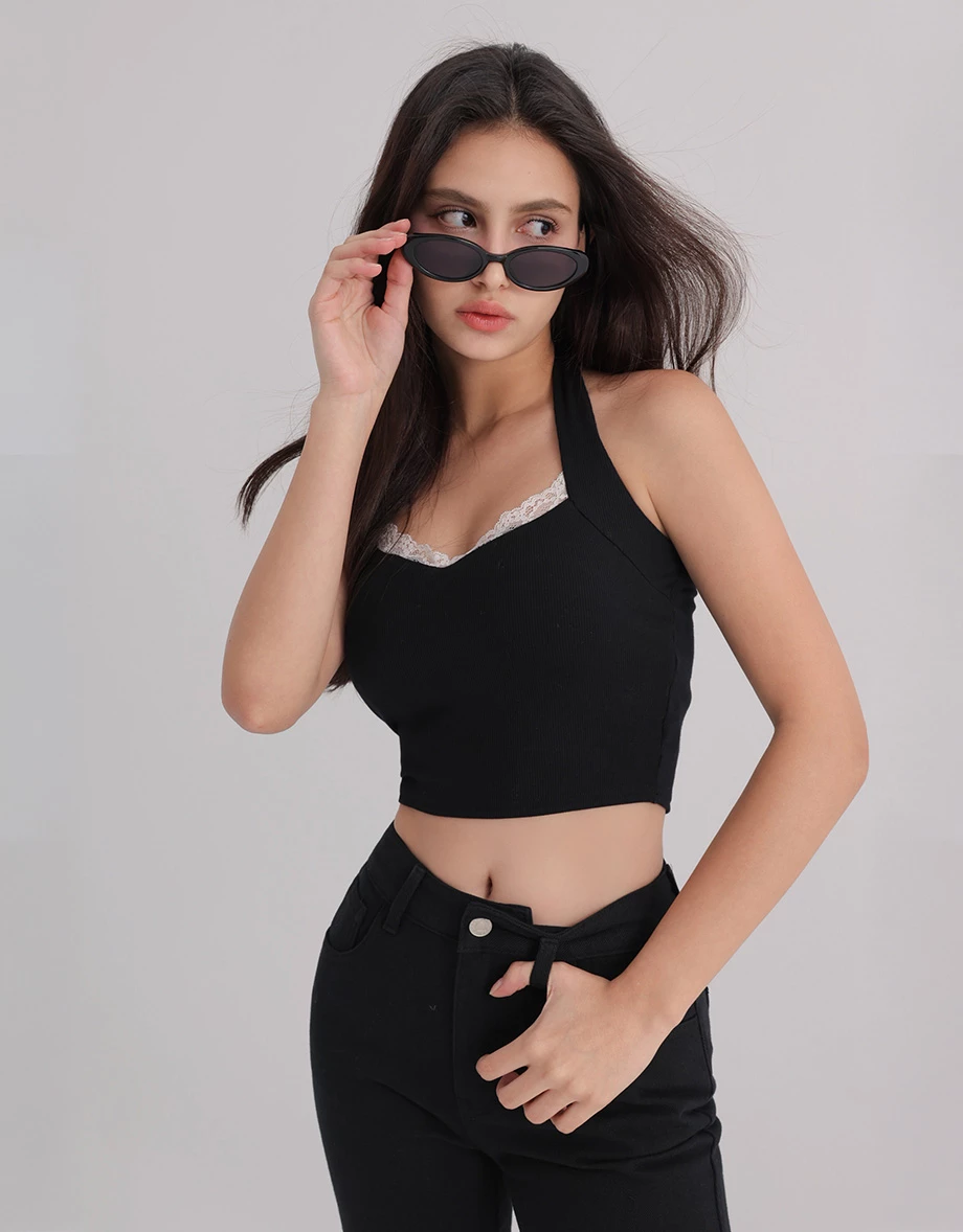 Lace Trimmed Halter V Neck Open Back Ribbed Padded Bra Top