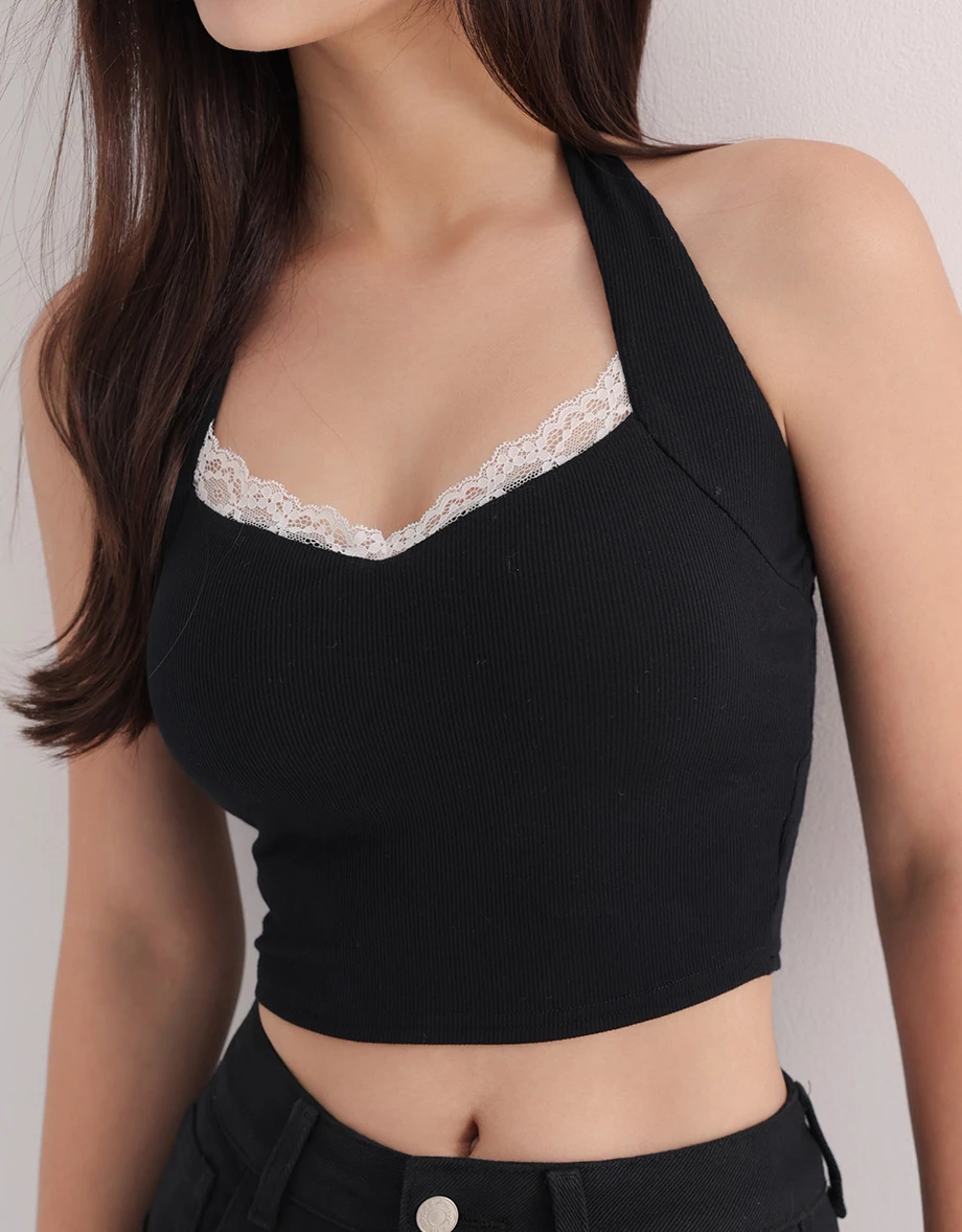 Lace Trimmed Halter V Neck Open Back Ribbed Padded Bra Top
