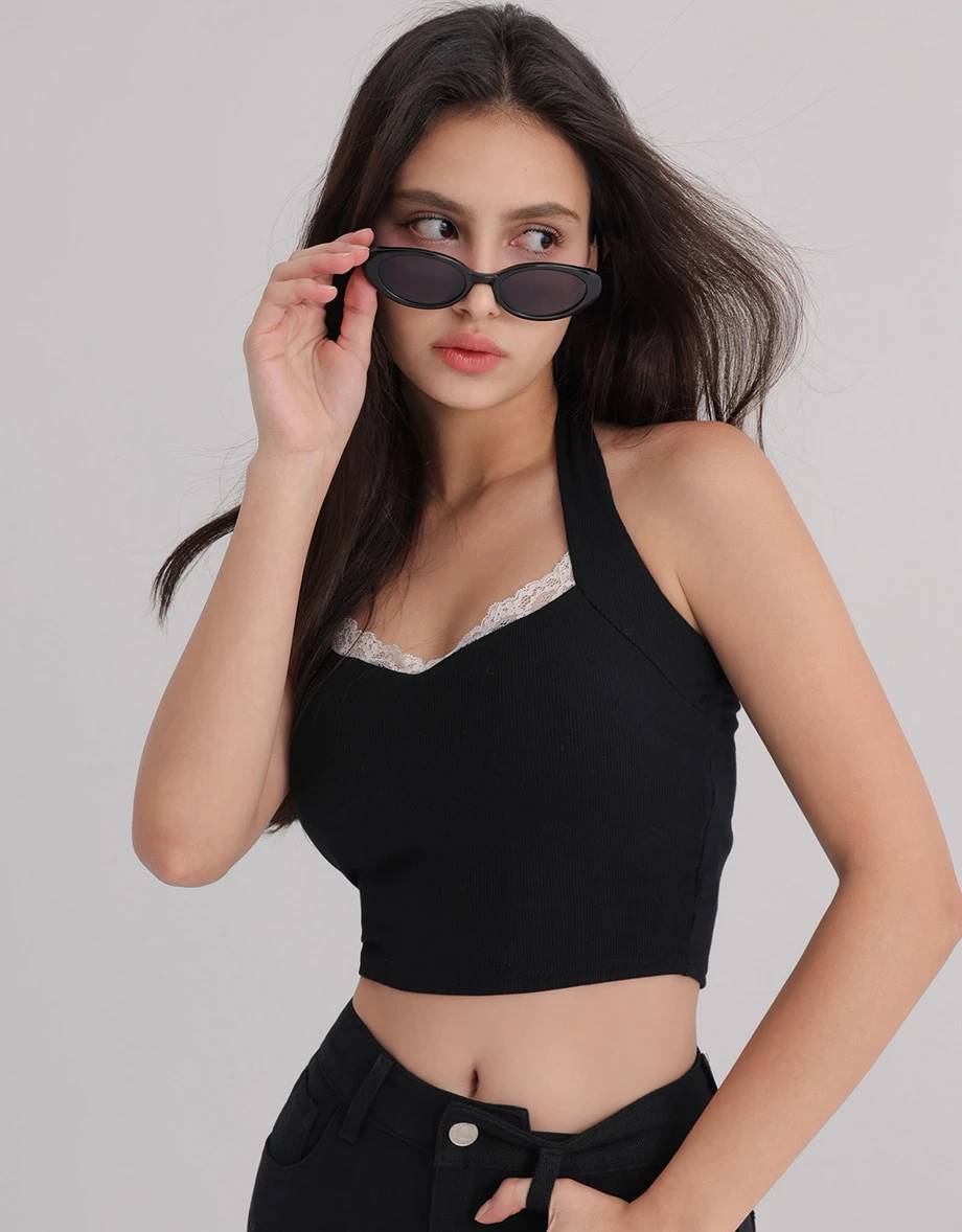 Lace Trimmed Halter V Neck Open Back Ribbed Padded Bra Top Lace Trimmed Halter V Neck Open Back Ribbed Padded Bra Top