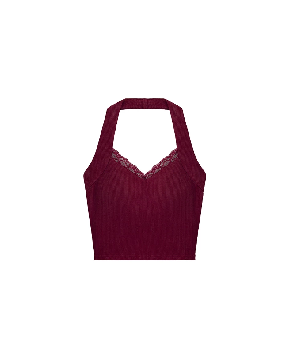 Lace Trimmed Halter V Neck Open Back Ribbed Padded Bra Top
