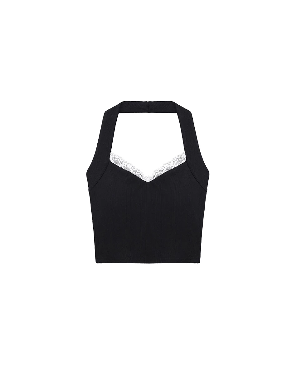 Lace Trimmed Halter V Neck Open Back Ribbed Padded Bra Top