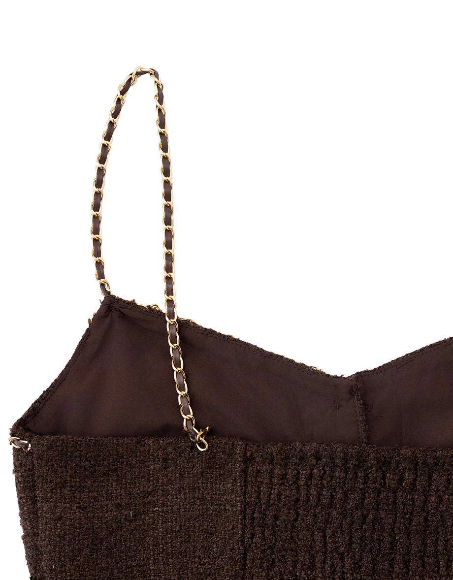 Gold Chain Strap V Neck Pearl Button Tweed Cami Crop Top Gold Chain Strap V Neck Pearl Button Tweed Cami Crop Top