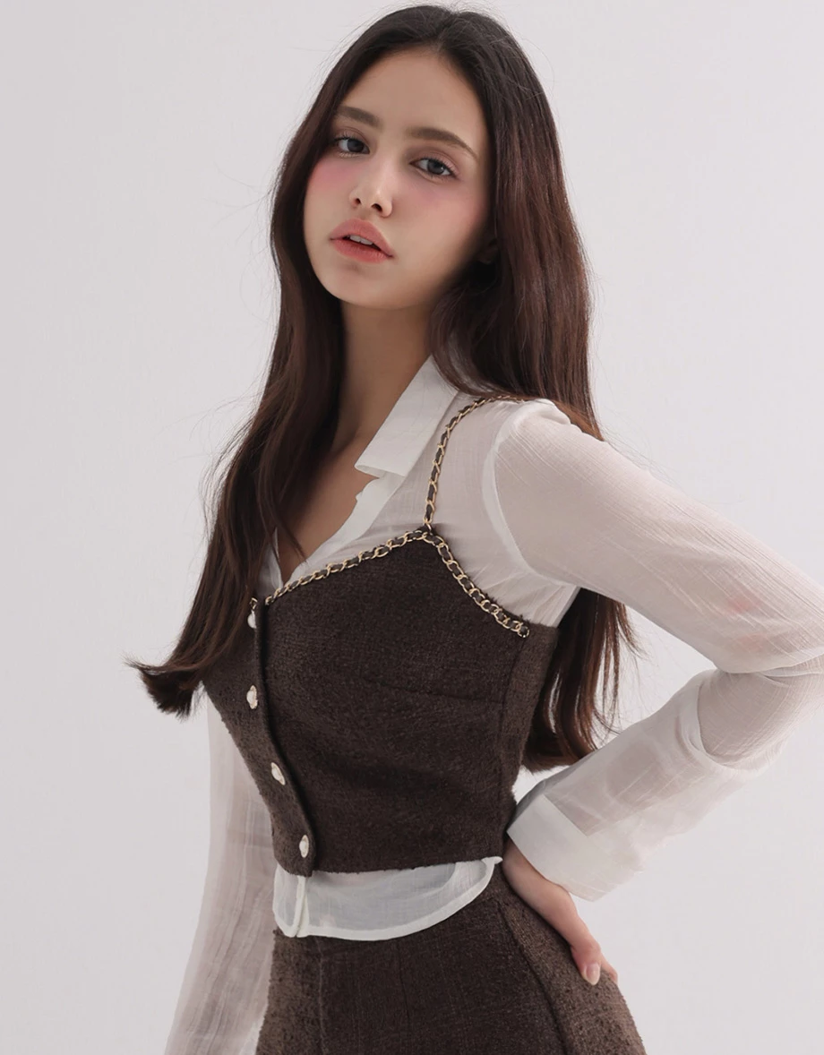 Gold Chain Strap V Neck Pearl Button Tweed Cami Crop Top Gold Chain Strap V Neck Pearl Button Tweed Cami Crop Top