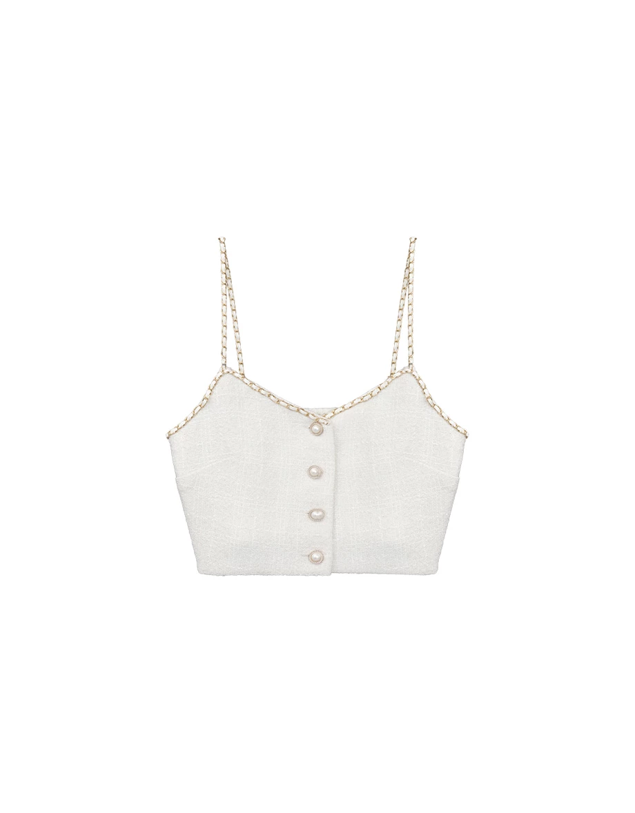 Gold Chain Strap V Neck Pearl Button Tweed Cami Crop Top Gold Chain Strap V Neck Pearl Button Tweed Cami Crop Top