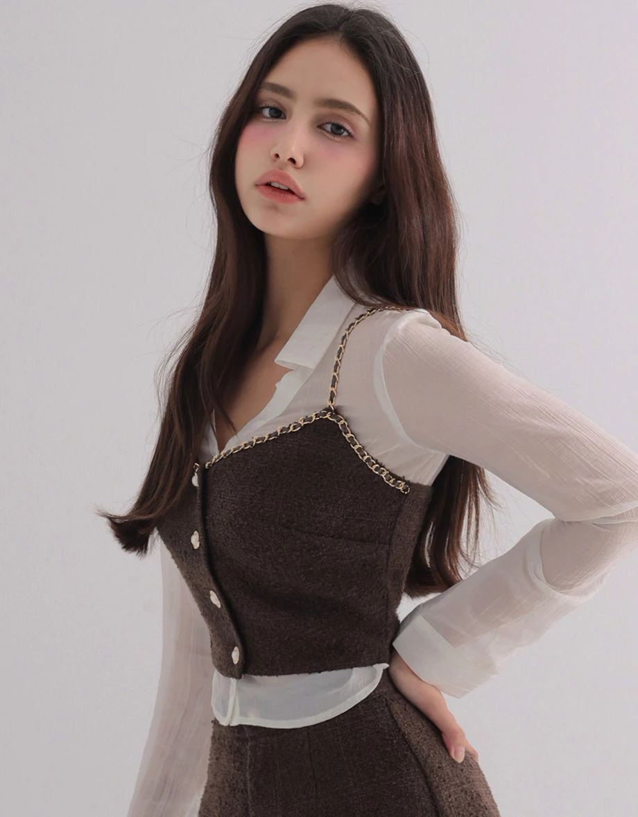 Gold Chain Strap V Neck Pearl Button Tweed Cami Crop Top